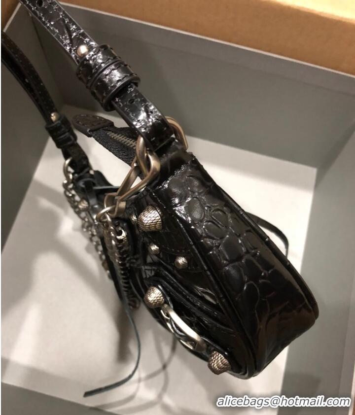 Top Quality Balenciaga LE CAGOLE MINI PURSE WITH CHAIN CROCODILE EMBOSSED 9016 black