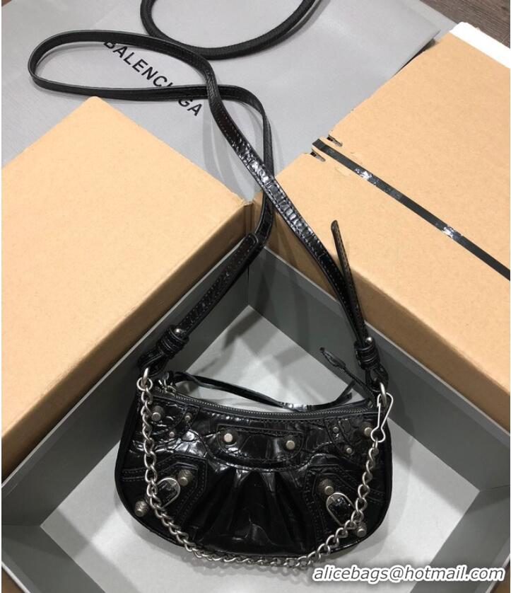 Top Quality Balenciaga LE CAGOLE MINI PURSE WITH CHAIN CROCODILE EMBOSSED 9016 black