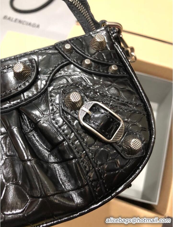 Top Quality Balenciaga LE CAGOLE MINI PURSE WITH CHAIN CROCODILE EMBOSSED 9016 black