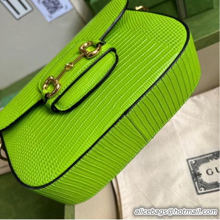 Buy Discount Gucci Horsebit 1955 lizard mini bag 675801 Fluorescent green