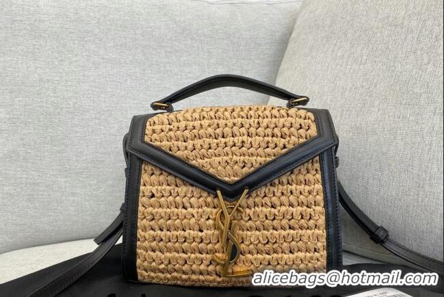 Famous Brand Saint Laurent Cassandra Mini Top Handle Bag in Raffia and Leather 623930 2021