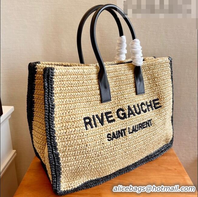 Well Crafted Saint Laurent Rive Gauche Large Tote Bag in Raffia Straw 509415 Beige/Black 2022