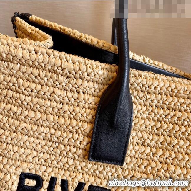 Well Crafted Saint Laurent Rive Gauche Large Tote Bag in Raffia Straw 509415 Beige/Black 2022