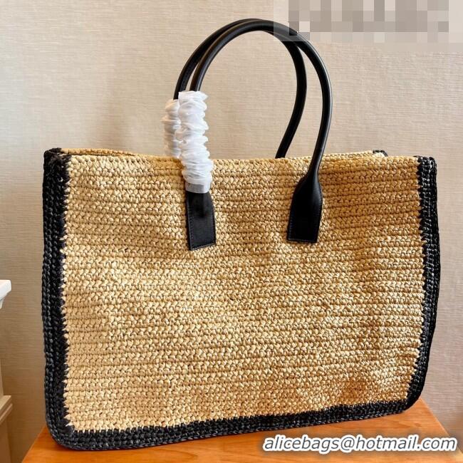 Well Crafted Saint Laurent Rive Gauche Large Tote Bag in Raffia Straw 509415 Beige/Black 2022