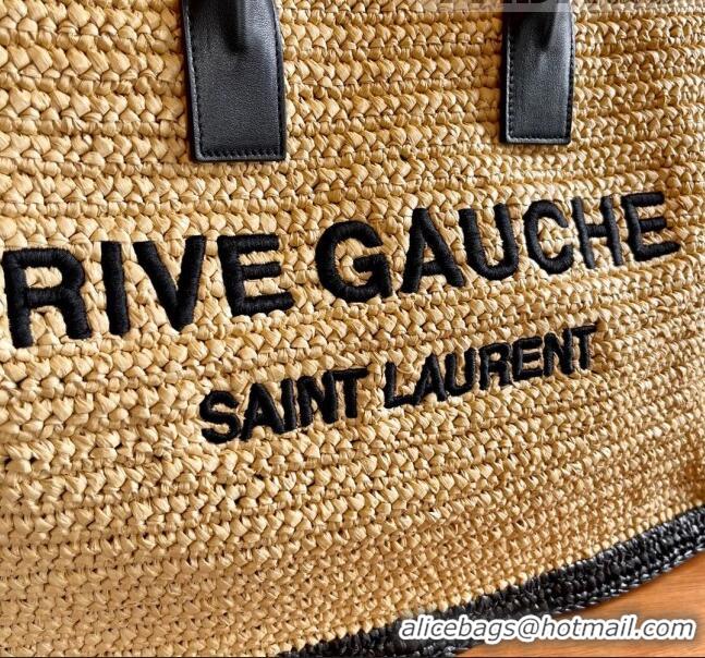 Well Crafted Saint Laurent Rive Gauche Large Tote Bag in Raffia Straw 509415 Beige/Black 2022