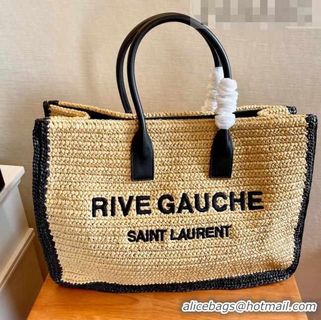 Well Crafted Saint Laurent Rive Gauche Large Tote Bag in Raffia Straw 509415 Beige/Black 2022