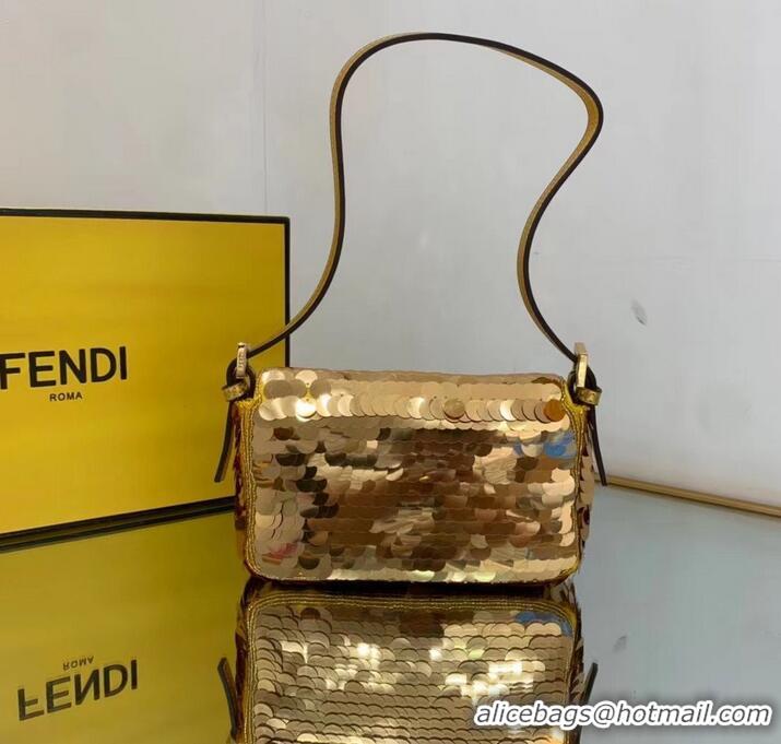 Luxurious Fendi FF Baguette mini Gold Metal Sequin Embroidery Bag 2016 Gold