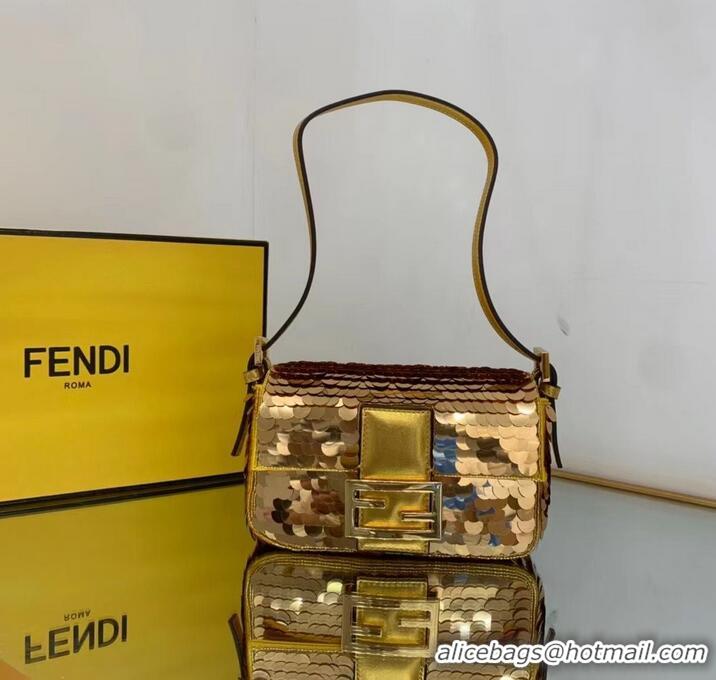 Luxurious Fendi FF Baguette mini Gold Metal Sequin Embroidery Bag 2016 Gold