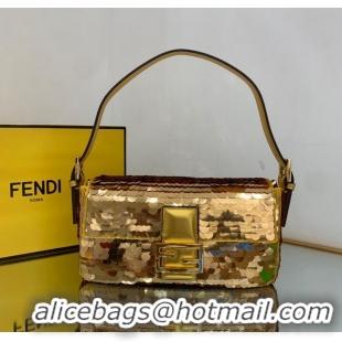 Top Grade Fendi FF Baguette Gold Metal Sequin Embroidery Bag 2017 Gold