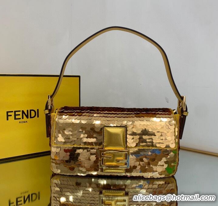 Top Grade Fendi FF Baguette Gold Metal Sequin Embroidery Bag 2017 Gold