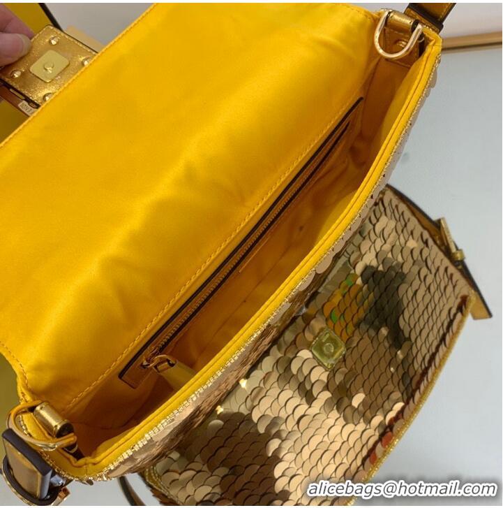 Top Grade Fendi FF Baguette Gold Metal Sequin Embroidery Bag 2017 Gold