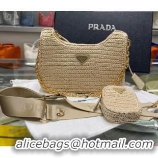 Luxury Cheap Prada Re-Edition 2005 Raffia Shoulder Bag 1BH204 Beige 2021