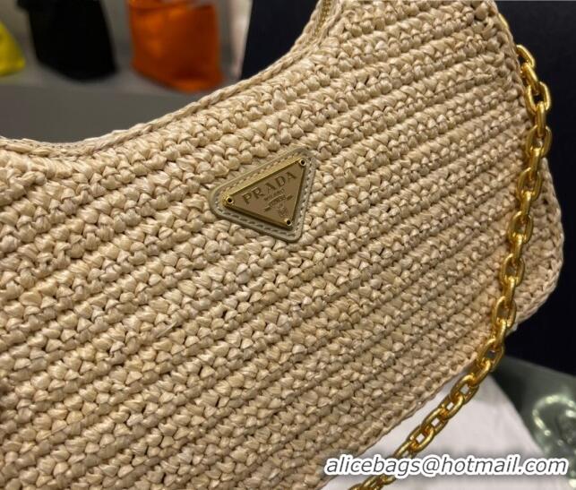 Luxury Cheap Prada Re-Edition 2005 Raffia Shoulder Bag 1BH204 Beige 2021