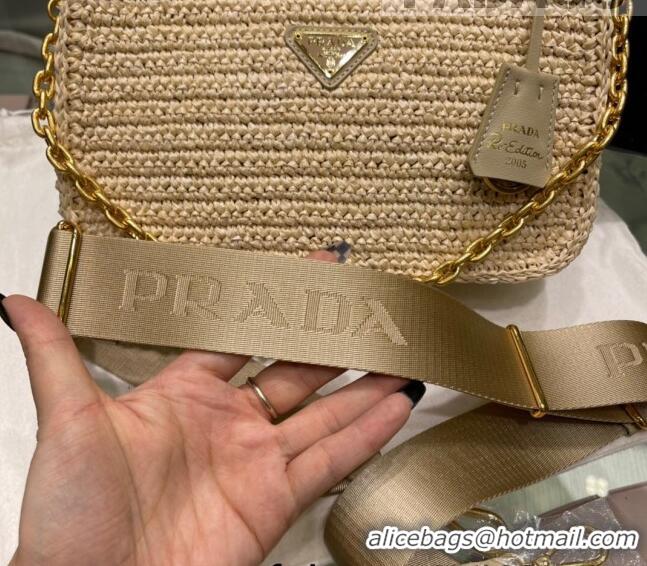 Luxury Cheap Prada Re-Edition 2005 Raffia Shoulder Bag 1BH204 Beige 2021