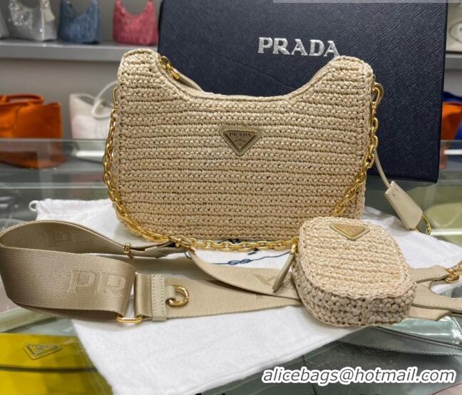 Luxury Cheap Prada Re-Edition 2005 Raffia Shoulder Bag 1BH204 Beige 2021