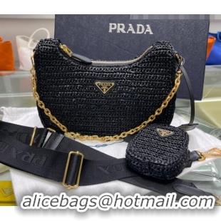 Luxury Discount Prada Re-Edition 2005 Raffia Shoulder Bag 1BH204 Black 2021