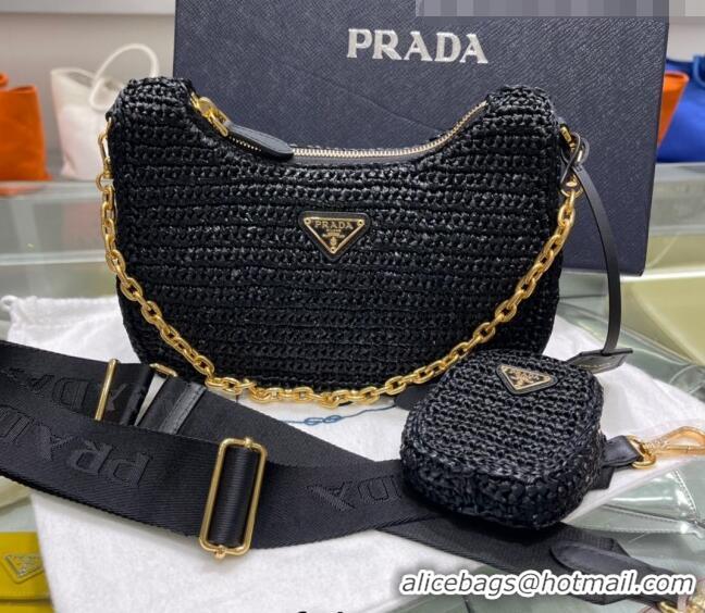 Luxury Discount Prada Re-Edition 2005 Raffia Shoulder Bag 1BH204 Black 2021