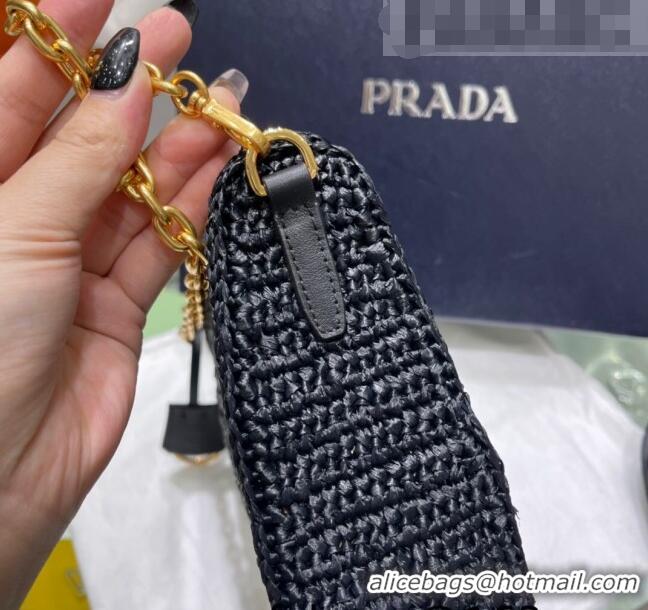 Luxury Discount Prada Re-Edition 2005 Raffia Shoulder Bag 1BH204 Black 2021