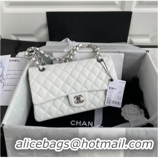 Famous Brand Chanel Flap Shoulder Bag Grained Calfskin A01112 silver-Tone Metal white