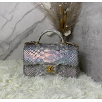 Spot Bulk Chanel Snake skin mini flap bag with top handle AS2431 silver