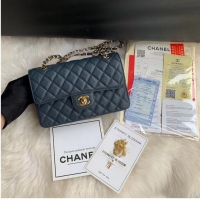 Famous Brand Chanel Flap Shoulder Bag Grained Caviar Leather A01113 Dark Blue Gold