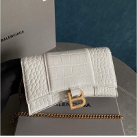 Top Quality Balenciaga HOURGLASS Wallet With Chain Crocodile Embossed 656050 White