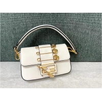 Top Grade Fendi Brooch mini baguette Fendace leather bag 8BS066A white