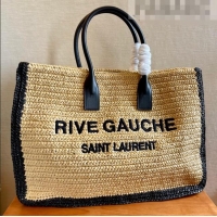 Well Crafted Saint Laurent Rive Gauche Large Tote Bag in Raffia Straw 509415 Beige/Black 2022