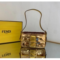 Luxurious Fendi FF Baguette mini Gold Metal Sequin Embroidery Bag 2016 Gold