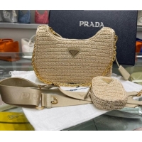 Luxury Cheap Prada Re-Edition 2005 Raffia Shoulder Bag 1BH204 Beige 2021