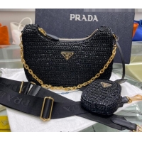 Luxury Discount Prada Re-Edition 2005 Raffia Shoulder Bag 1BH204 Black 2021