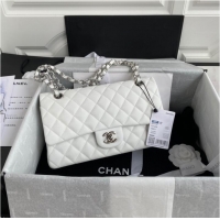 Famous Brand Chanel Flap Shoulder Bag Grained Calfskin A01112 silver-Tone Metal white