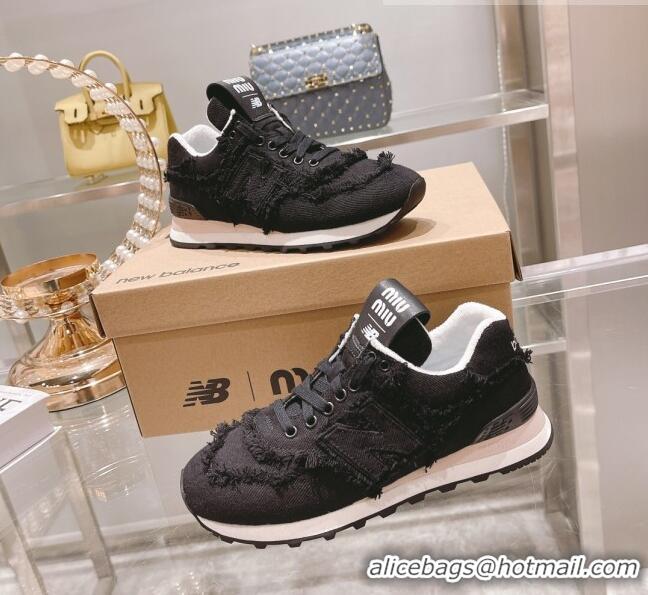 Top Quality Miu Miu x New Balance 574 Denim Fringe Sneakers M2364 Black 2022