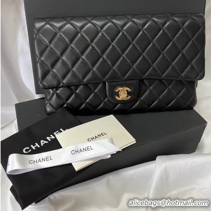 Top Grade Chanel Clutch Bag Black Sheepskin Leather 7013 Gold