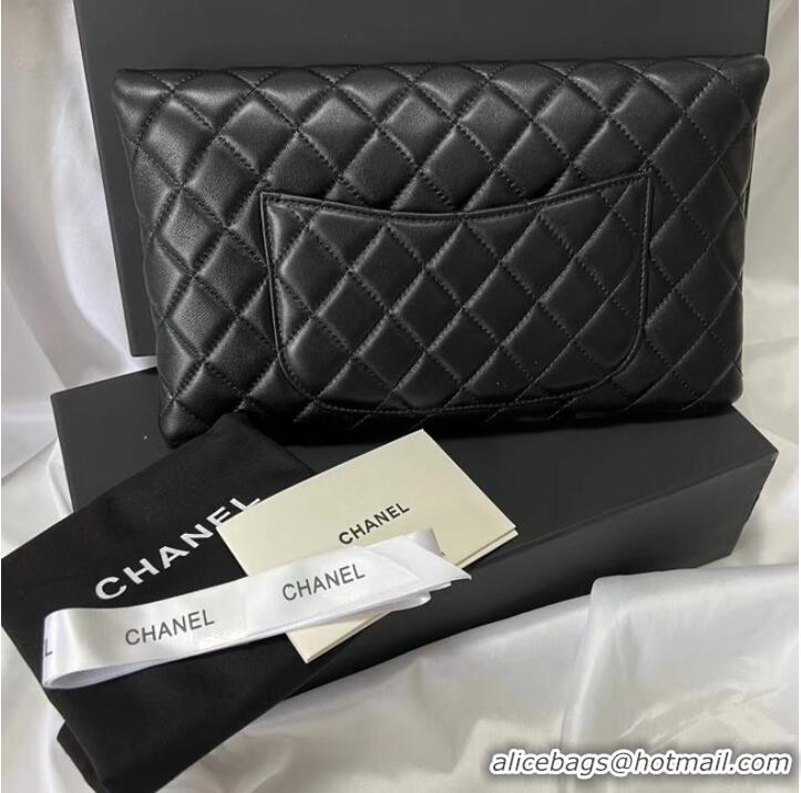 Top Grade Chanel Clutch Bag Black Sheepskin Leather 7013 Gold