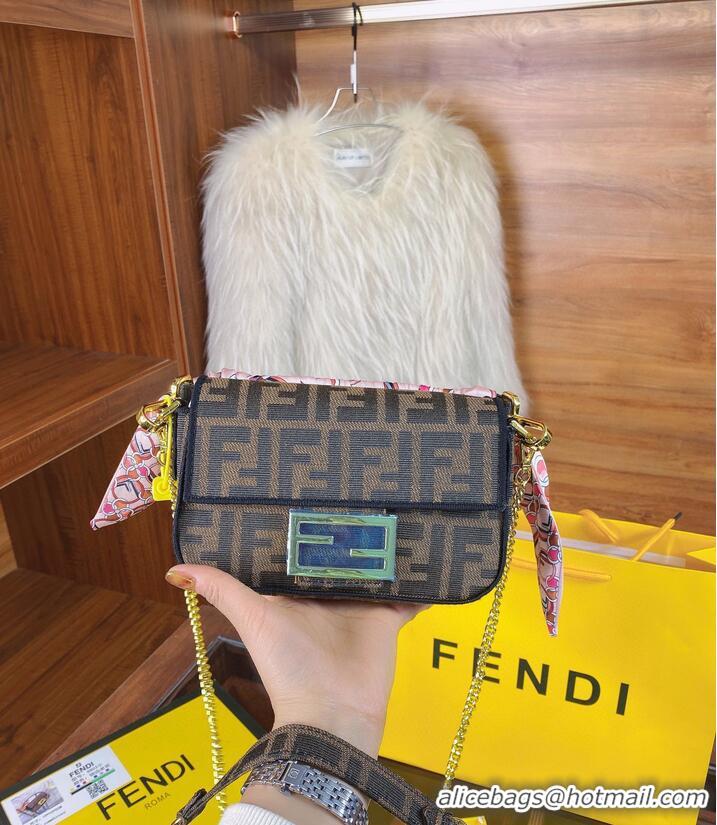 Famous Brand FENDI MINI BAGUETTE CHAIN FF fabric bag 8852 brown