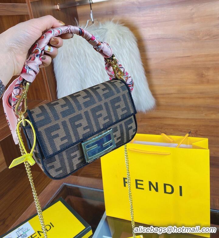 Famous Brand FENDI MINI BAGUETTE CHAIN FF fabric bag 8852 brown