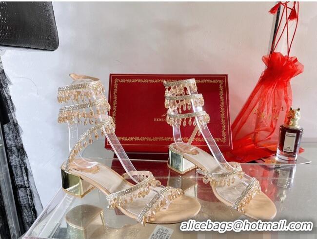 Famous Brand Rene Caovilla Lower-Heeled Sandals CHANDELIER with 4.5cm Heel RC1055 Beige 2022