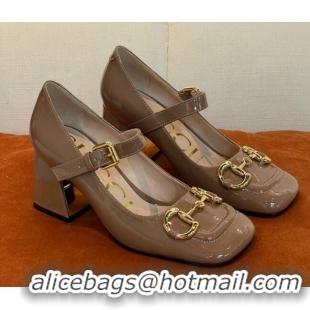 Sumptuous Gucci Patent Leather Mid-heel Mary Janes Pumps with Horsebit 7cm Brown 052326