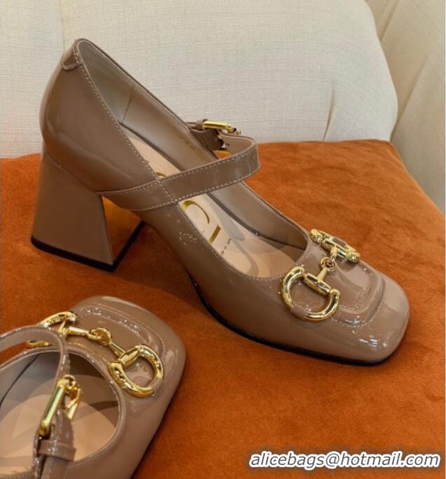 Sumptuous Gucci Patent Leather Mid-heel Mary Janes Pumps with Horsebit 7cm Brown 052326