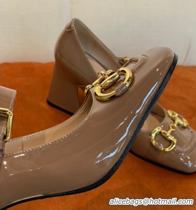 Sumptuous Gucci Patent Leather Mid-heel Mary Janes Pumps with Horsebit 7cm Brown 052326