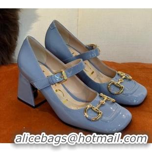 Classic Hot Gucci Patent Leather Mid-heel Mary Janes Pumps with Horsebit 7cm Blue 052327