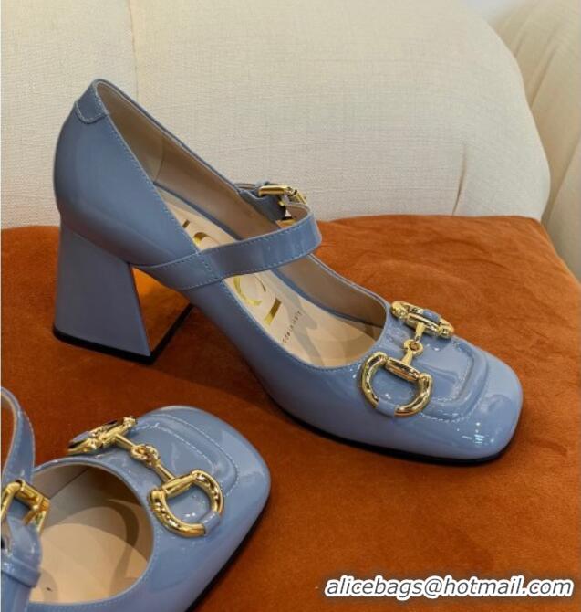 Classic Hot Gucci Patent Leather Mid-heel Mary Janes Pumps with Horsebit 7cm Blue 052327