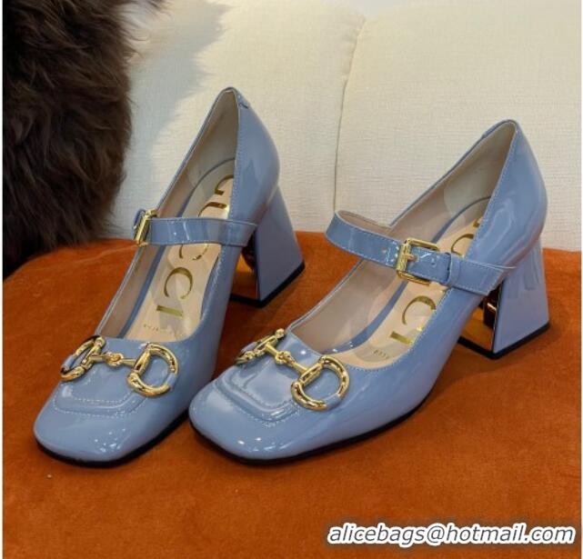 Classic Hot Gucci Patent Leather Mid-heel Mary Janes Pumps with Horsebit 7cm Blue 052327