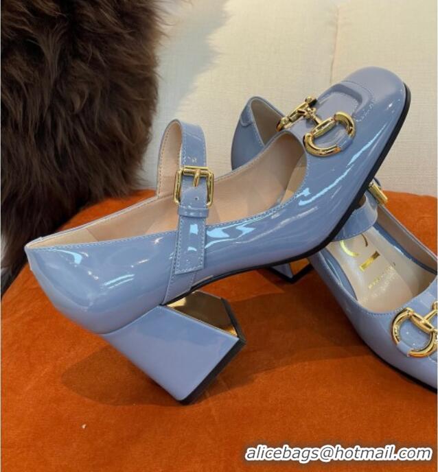 Classic Hot Gucci Patent Leather Mid-heel Mary Janes Pumps with Horsebit 7cm Blue 052327