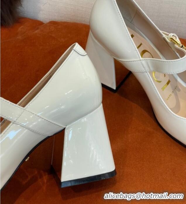 Grade Quality Gucci Patent Leather Mid-heel Mary Janes Pumps with Horsebit 7cm White 052328