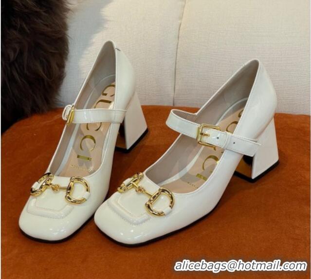 Grade Quality Gucci Patent Leather Mid-heel Mary Janes Pumps with Horsebit 7cm White 052328