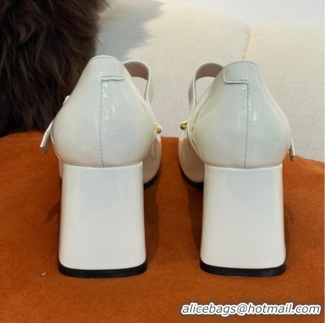 Grade Quality Gucci Patent Leather Mid-heel Mary Janes Pumps with Horsebit 7cm White 052328