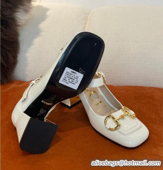 Grade Quality Gucci Patent Leather Mid-heel Mary Janes Pumps with Horsebit 7cm White 052328