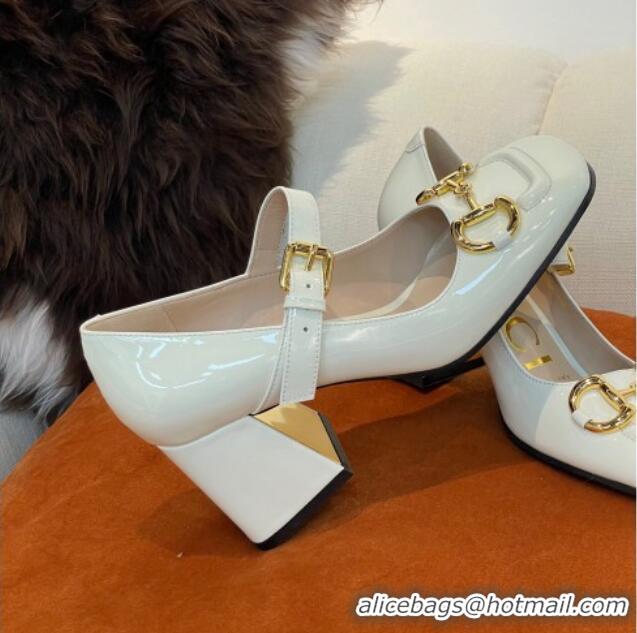 Grade Quality Gucci Patent Leather Mid-heel Mary Janes Pumps with Horsebit 7cm White 052328